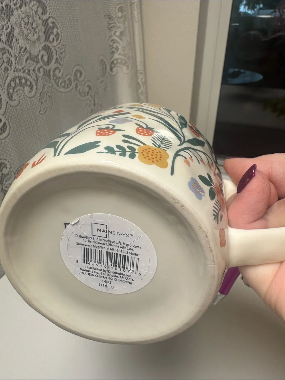 Mainstays Cream Ceramic Mug with Floral Strawberry Motif